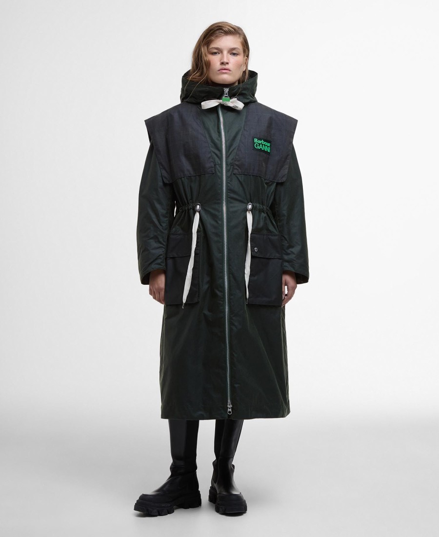 barbour x ganni wax-parkajas