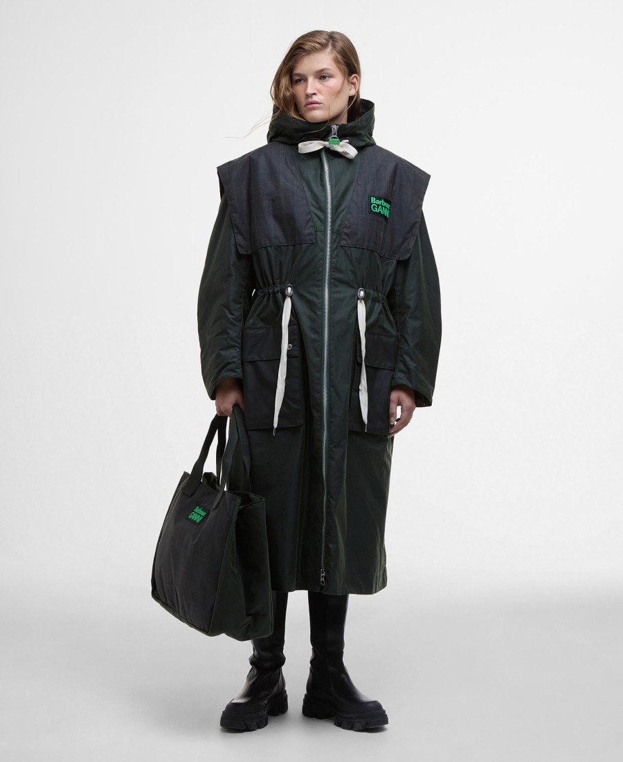barbour x ganni wax-parkajas