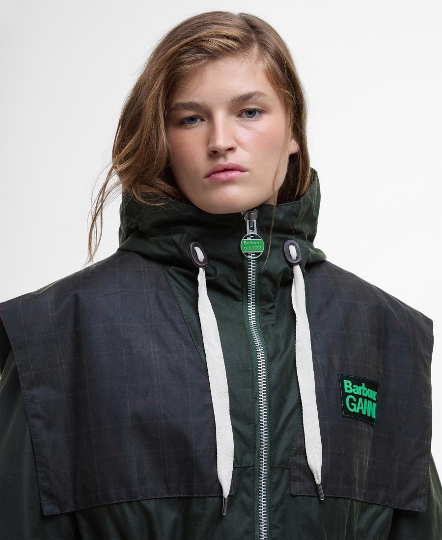 barbour x ganni wax-parkajas