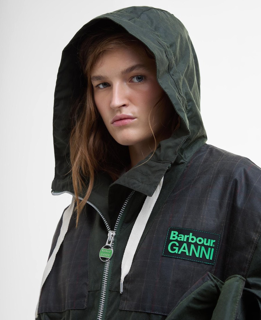 barbour x ganni wax-parkajas