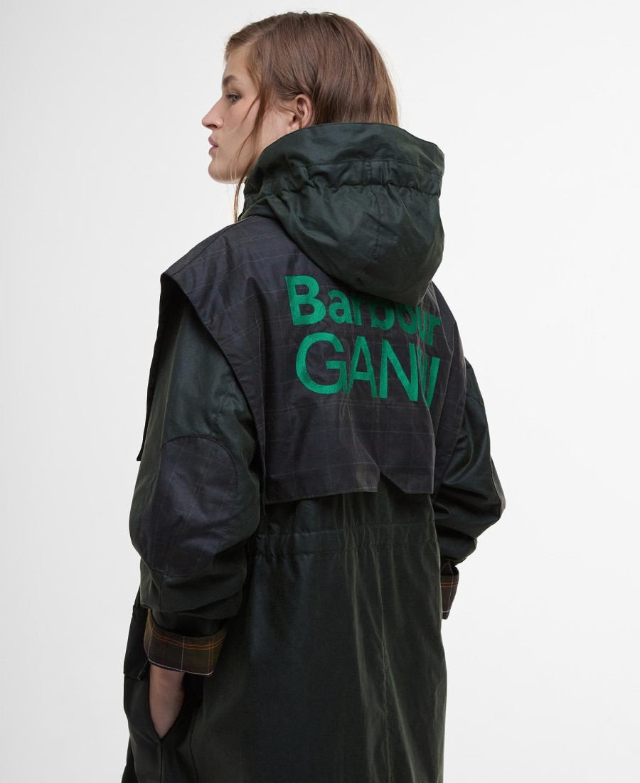 barbour x ganni wax-parkajas