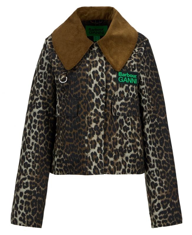 barbour x ganni waxjas met luipaardprint