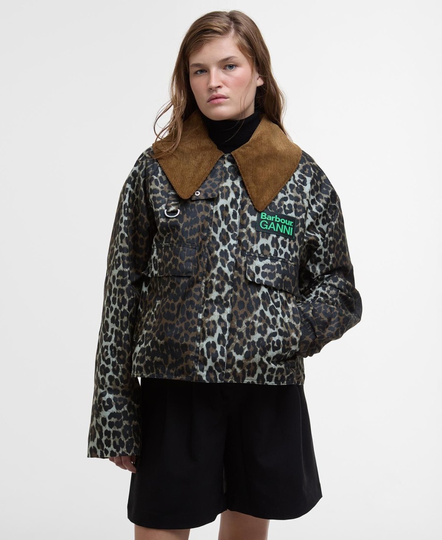 barbour x ganni waxjas met luipaardprint