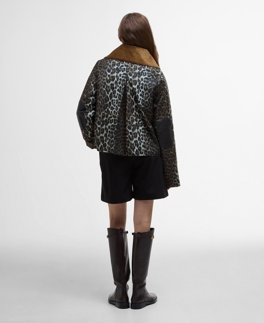 barbour x ganni waxjas met luipaardprint