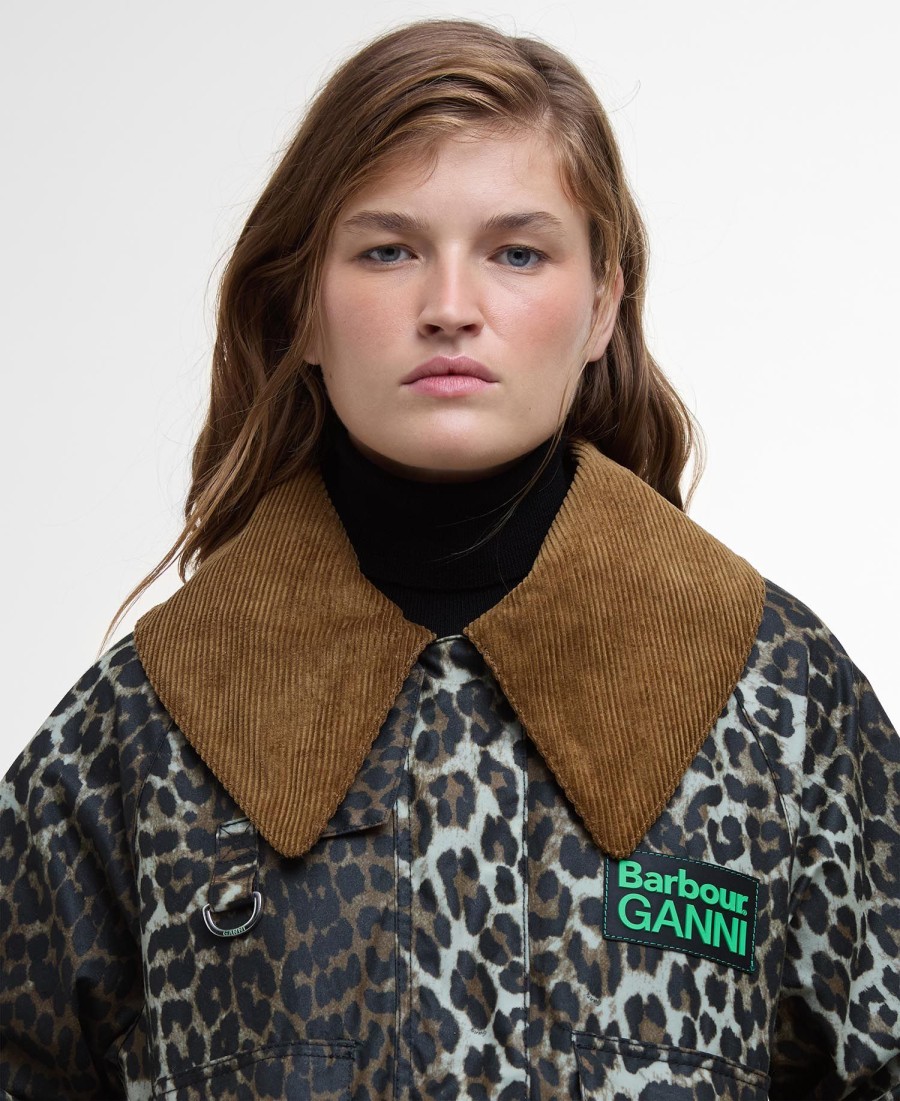 barbour x ganni waxjas met luipaardprint