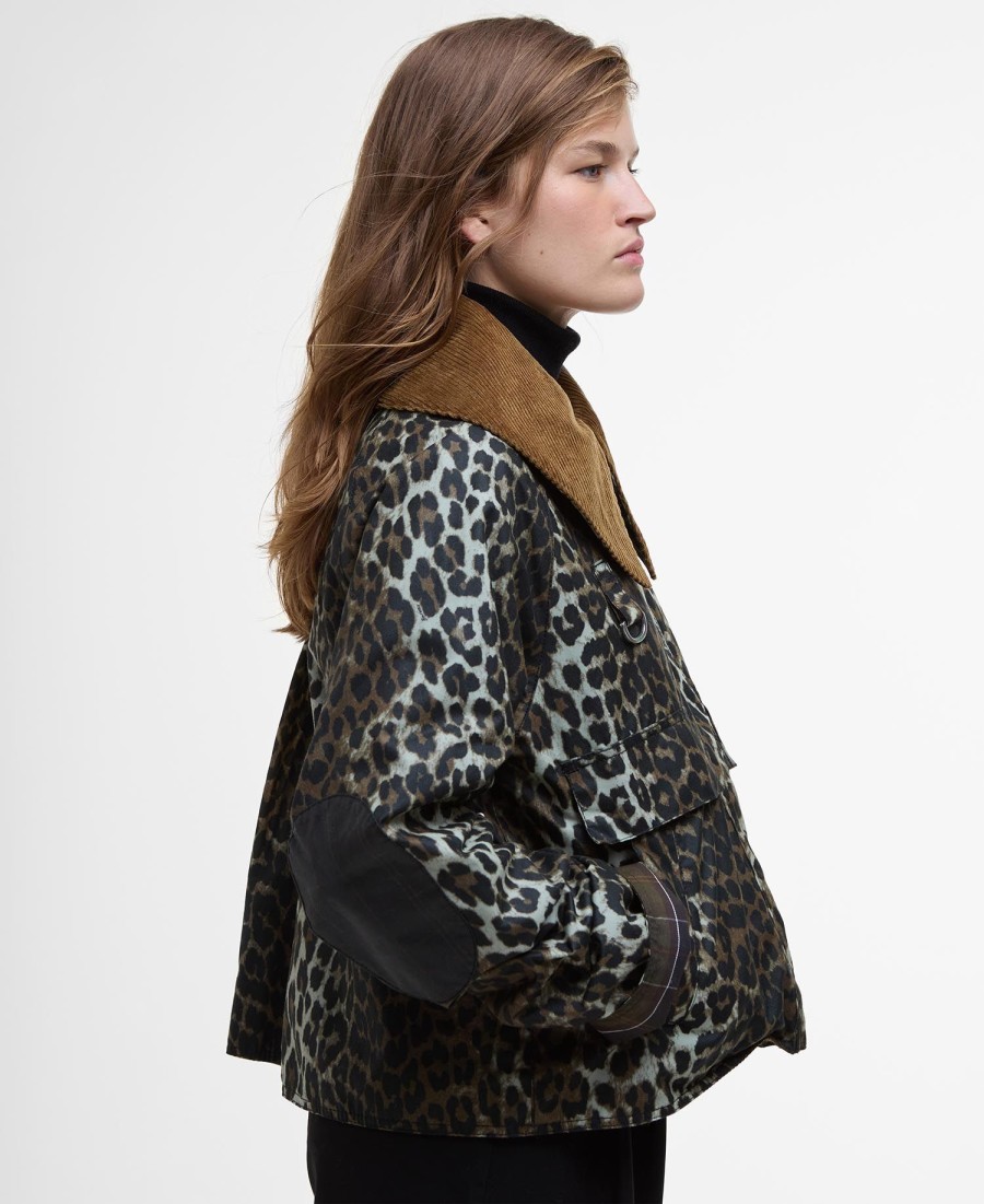 barbour x ganni waxjas met luipaardprint