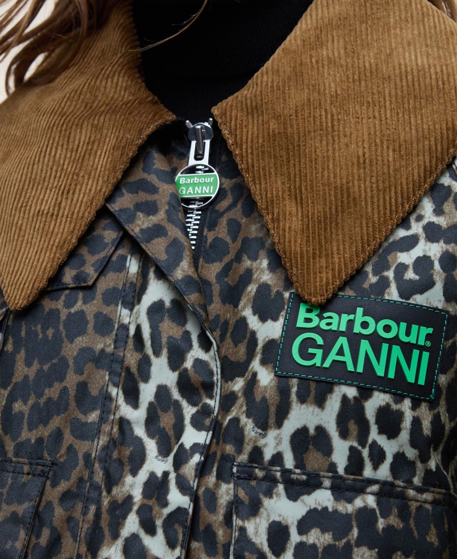 barbour x ganni waxjas met luipaardprint