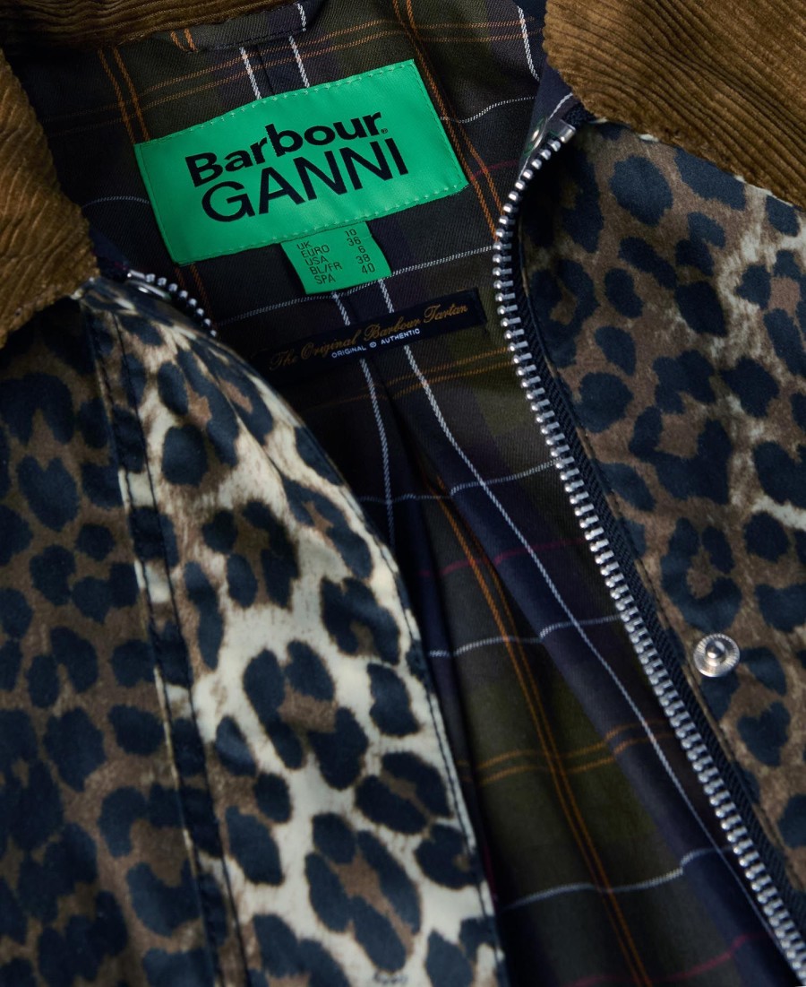 barbour x ganni waxjas met luipaardprint