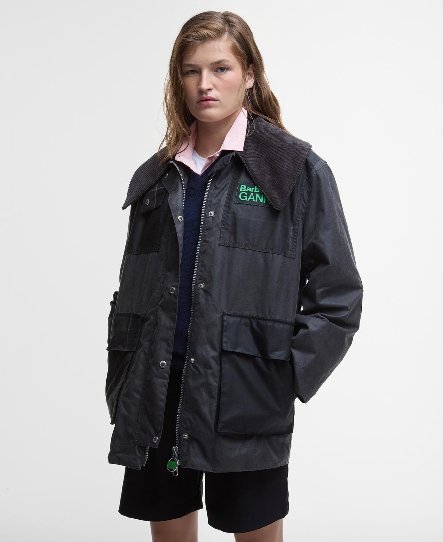 barbour x ganni gewaxte jas